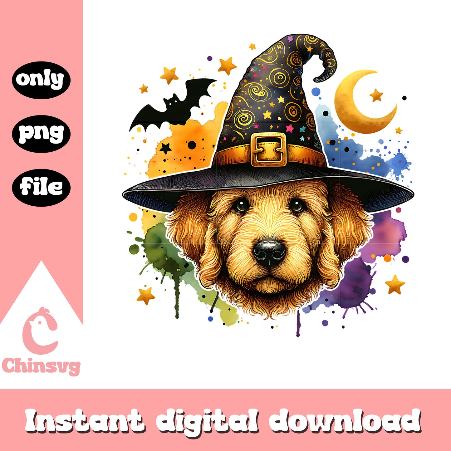 Golden dog and witch hat design png, cute animel png