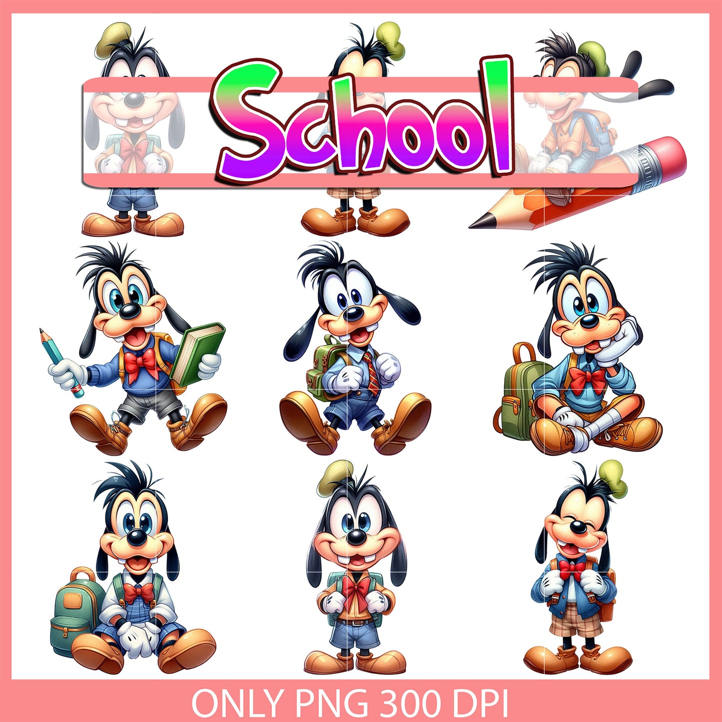 Goofy character back to school design bundle png, disney goofy png