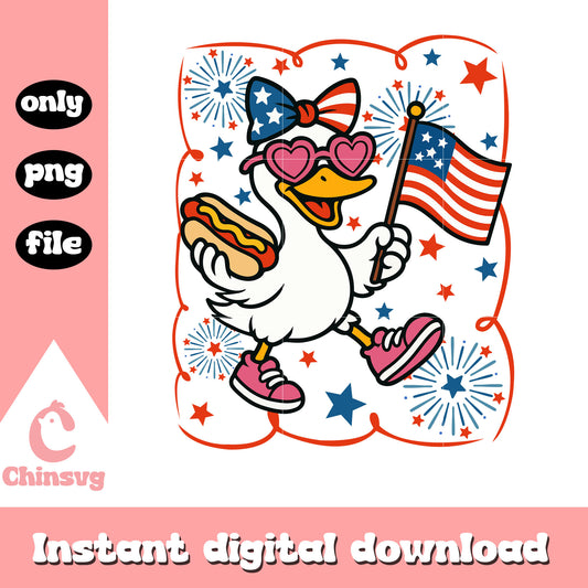 Goose girl with hot dog 4th july png, silly goose​ meme png