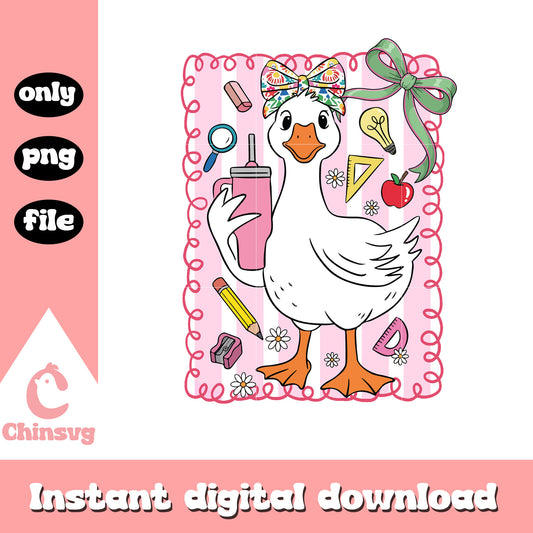 Goose holding stanley coquette design png, school decoration png