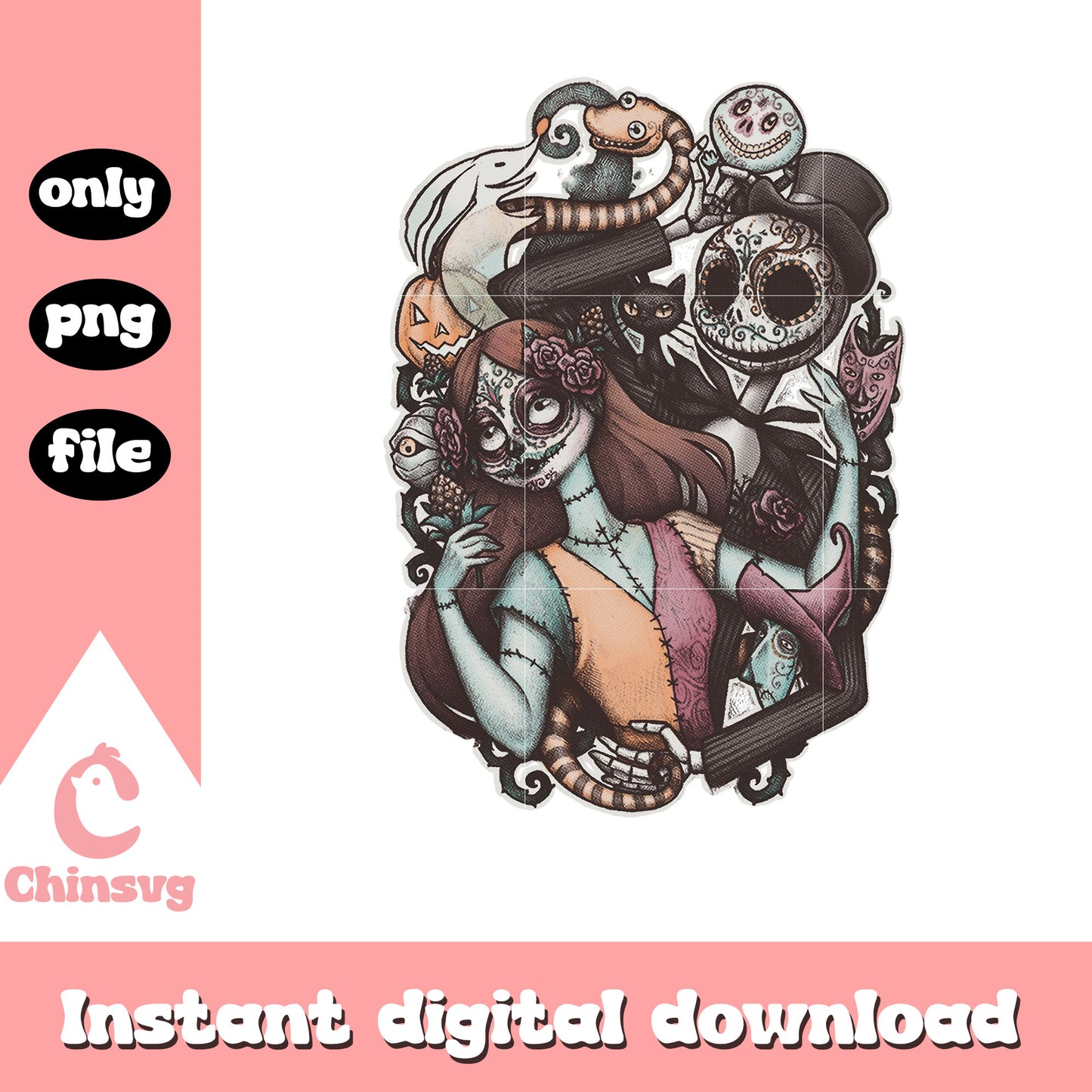 Gothic jack skellington and sally couple design png, jack x sally png