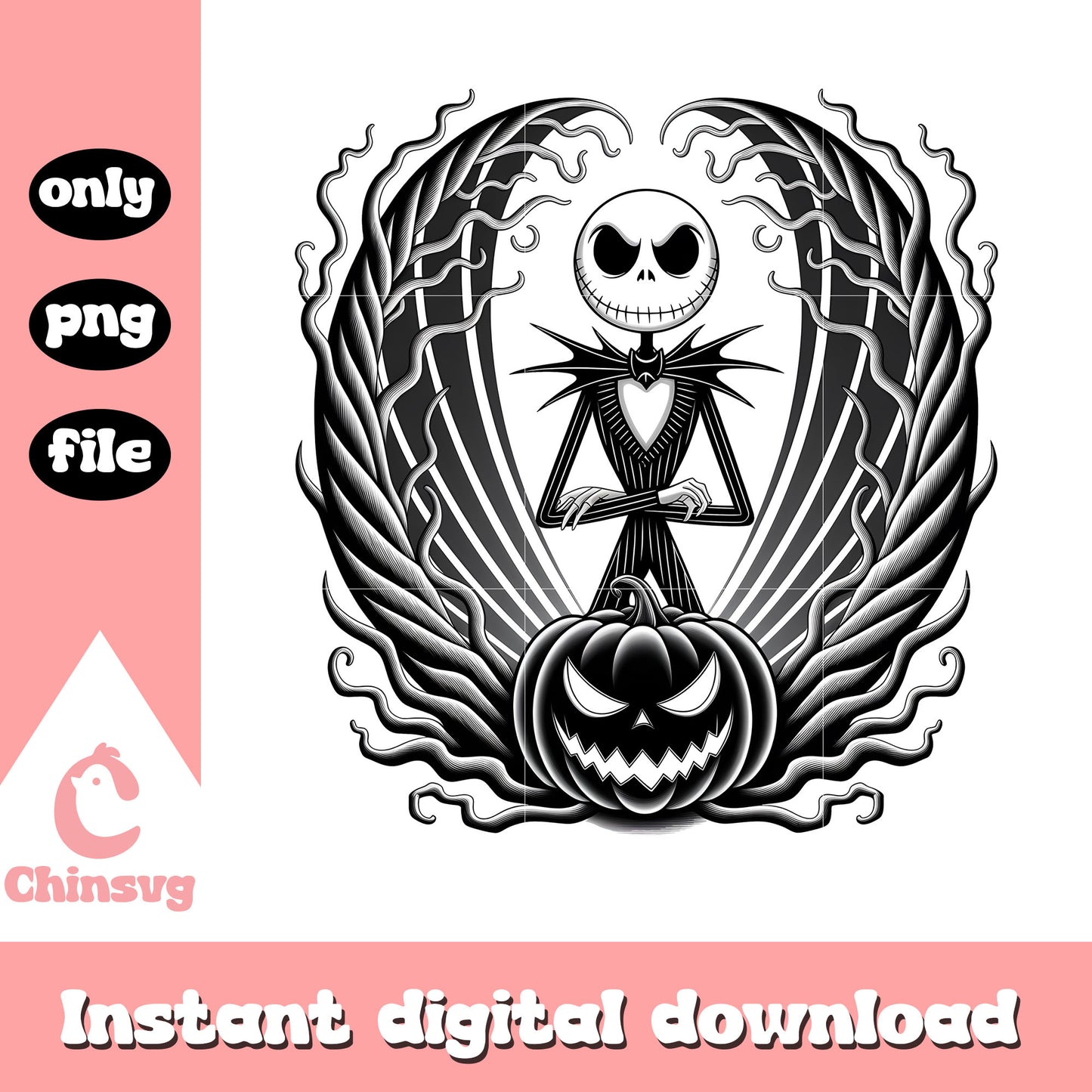 Gothic jack skellington pumpkin black white png, jack skellington png