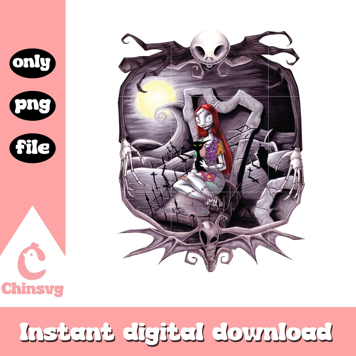 Gothic sally hugging cat design png, sally night before christmas png