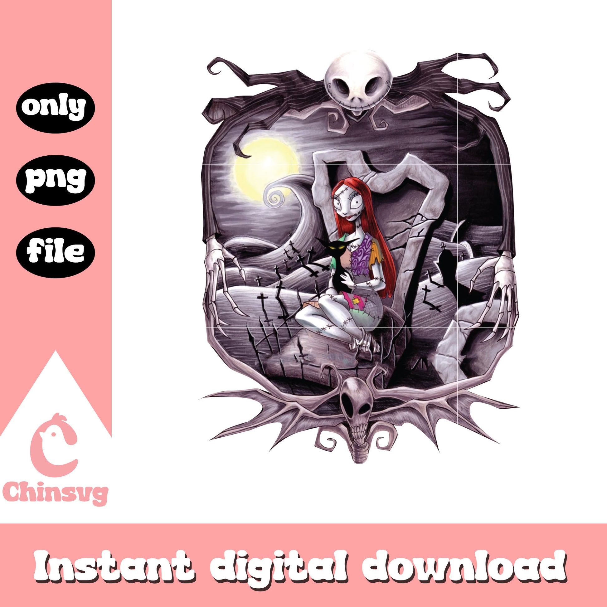 Gothic sally hugging cat design png, sally night before christmas png