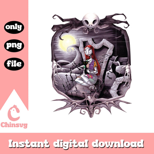 Gothic sally hugging cat design png, sally night before christmas png