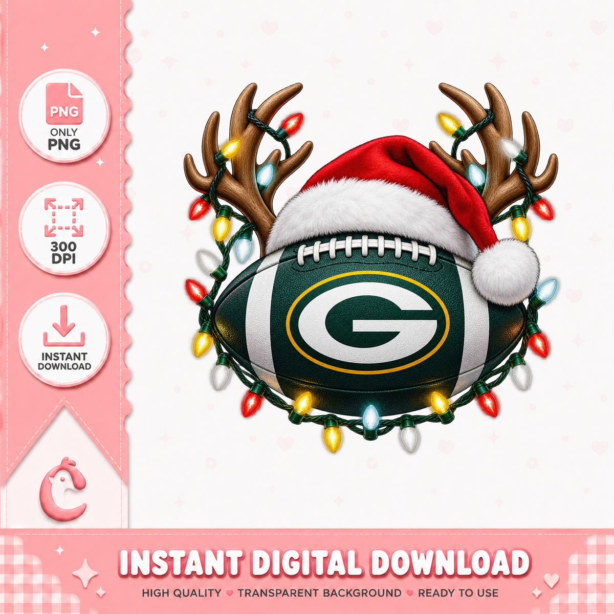 Green Bay Packers Christmas Football, Reindeer Antlers Santa Hat, PNG