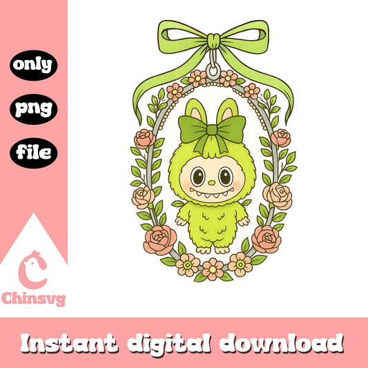 Green labubu coquette bow floral mirror design png, labubu green png  