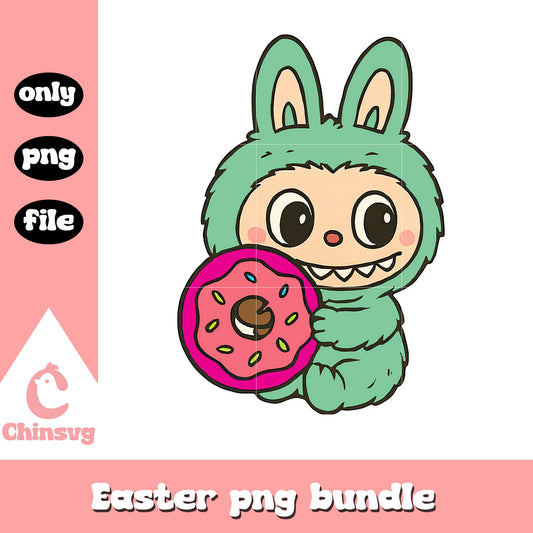 Green labubu hand donut doll design png, labubu doll png