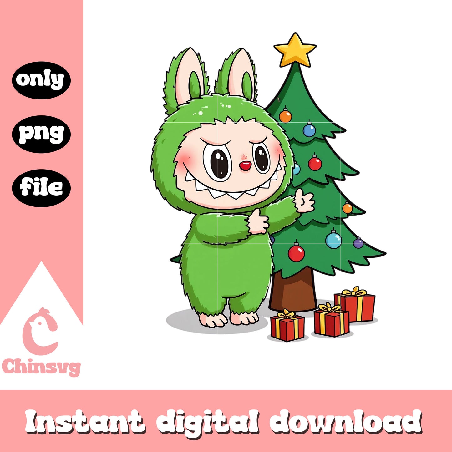 Green labubu with christmas tree png, labubu characters png