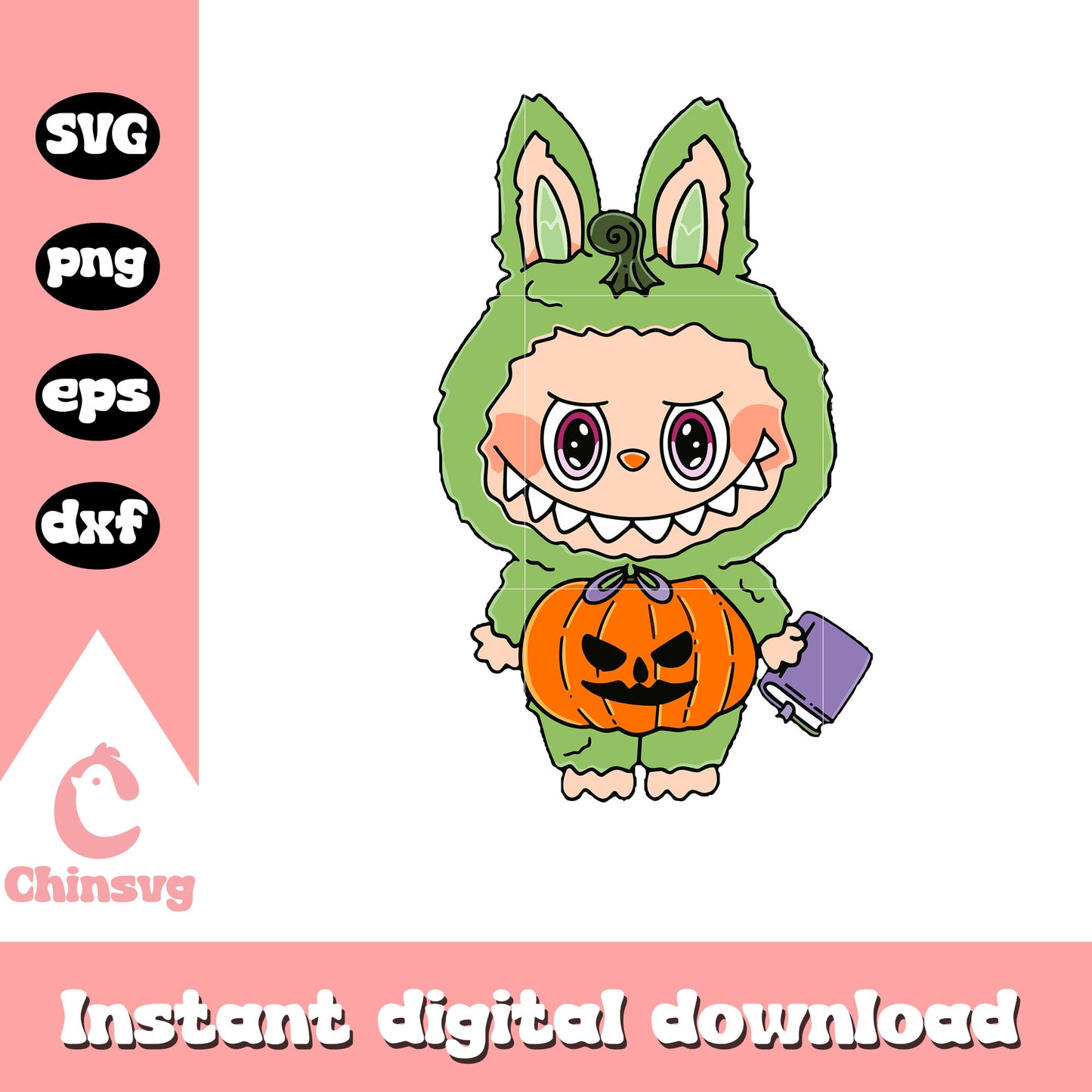 Green labubu with pumpkin design svg, pumpkin halloween svg
