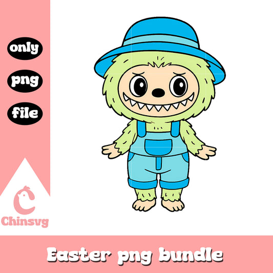 Green overalls labubu cute doll drawing design png, popmart labubu png