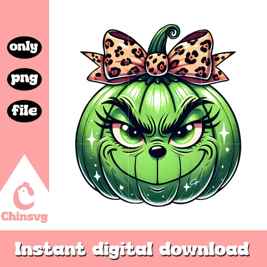 Green pumpkin face grinch bow halloween design png, grinch png