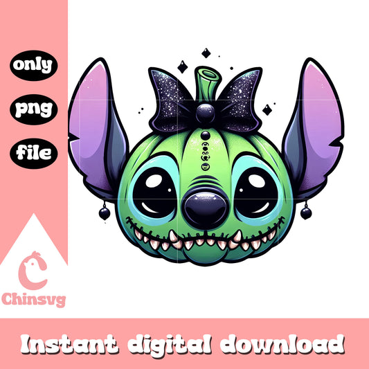 Green stitch face bow halloween design png, stitch and lilo png