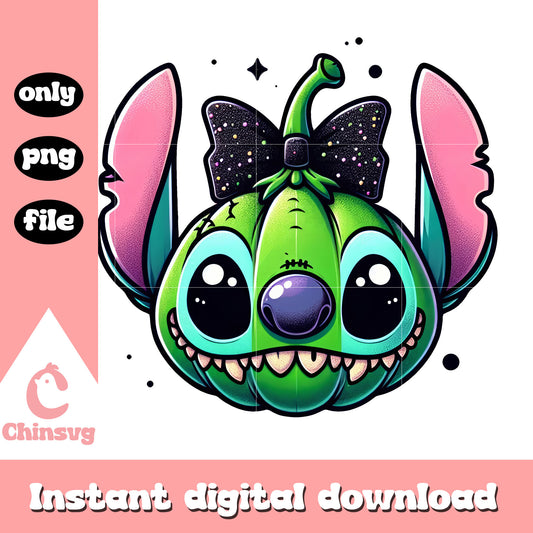 Green stitch face bow halloween vibes png, stitch halloween png