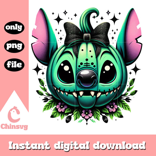 Green stitch face coquette bow floral design png, stitch disney png