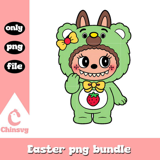 Green strawberry bear labubu cute doll png, monster labubu png