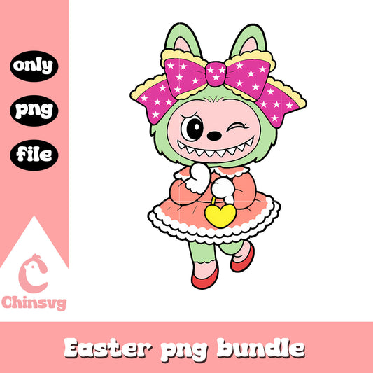 Green winking bow girl labubu doll design png, green labubu png