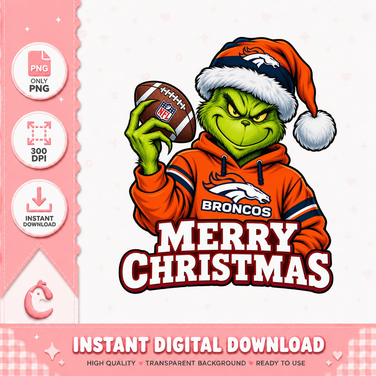 Grinch Broncos Christmas PNG, NFL Football Santa Hat, Merry Christmas PNG