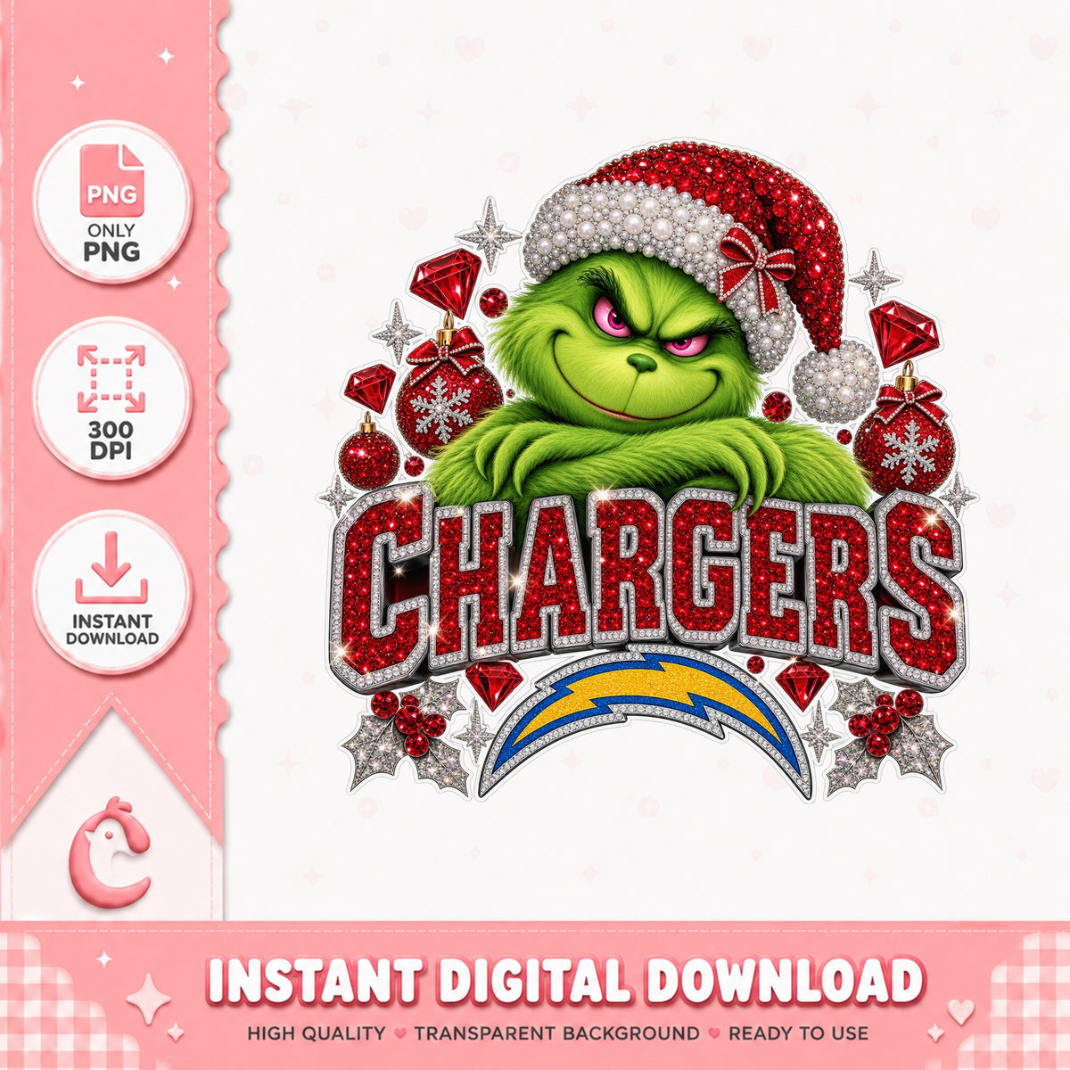 Grinch Chargers Christmas PNG, Santa Hat NFL Team, Instant Download PNG