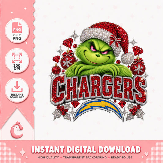 Grinch Chargers Christmas PNG, Santa Hat NFL Team, Instant Download PNG