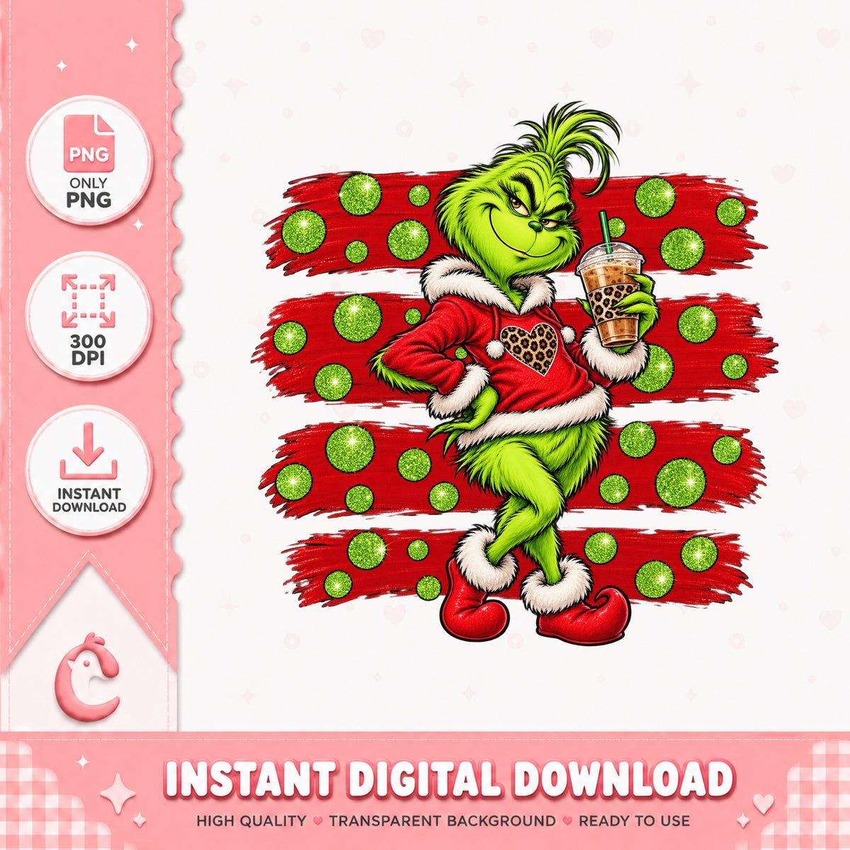 Grinch Drinking Boba Tea PNG, Christmas Sublimation, PNG File