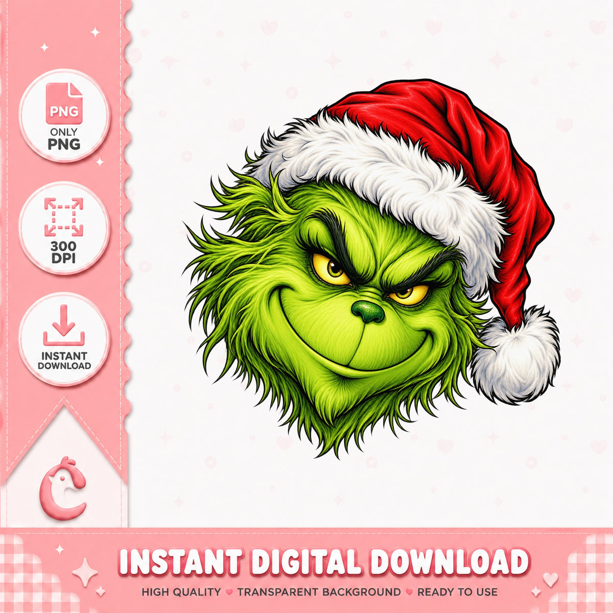 Grinch Face With Santa Hat PNG, Christmas Clipart, Instant PNG