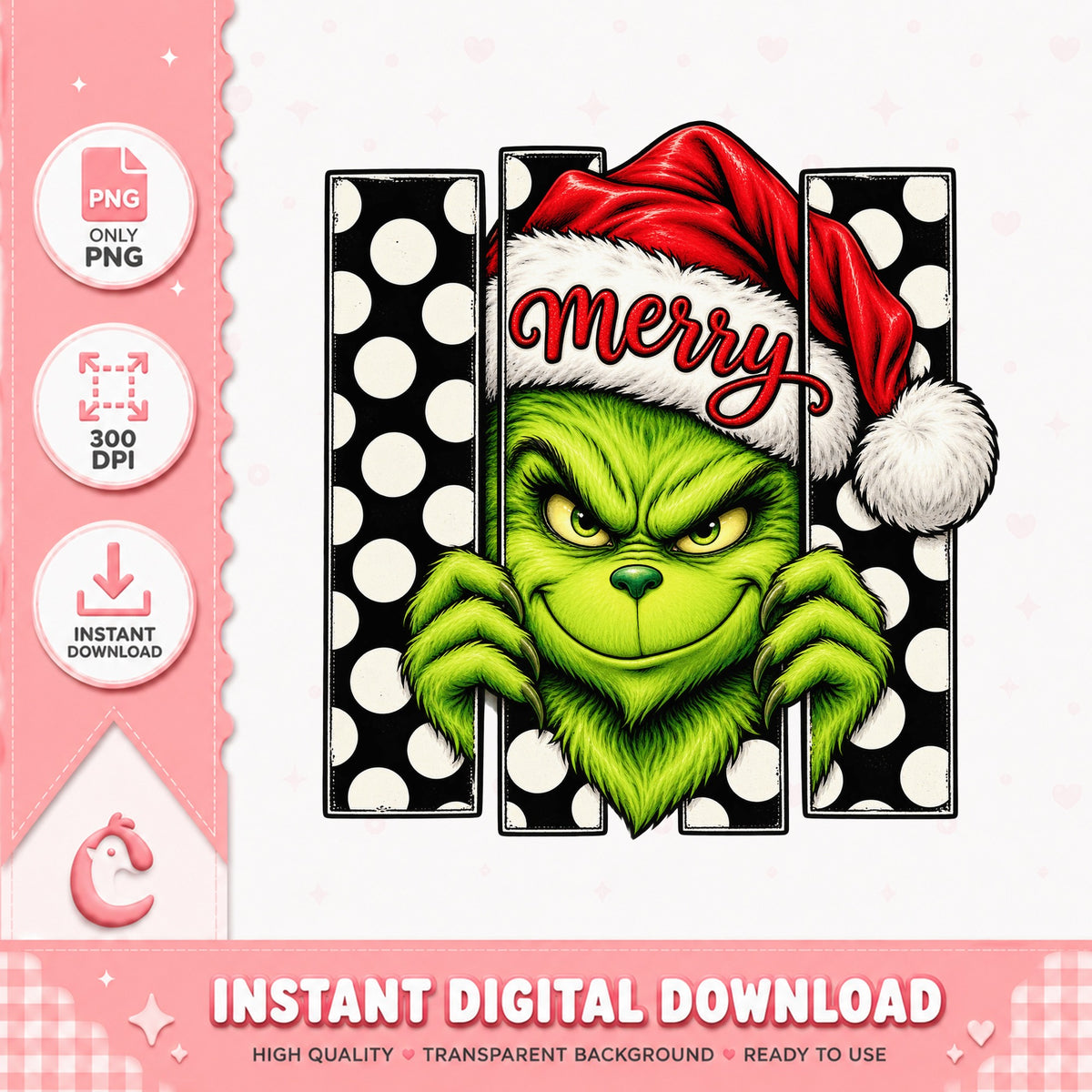 Grinch Merry Christmas PNG, Santa Hat Sublimation, Polka Dot PNG