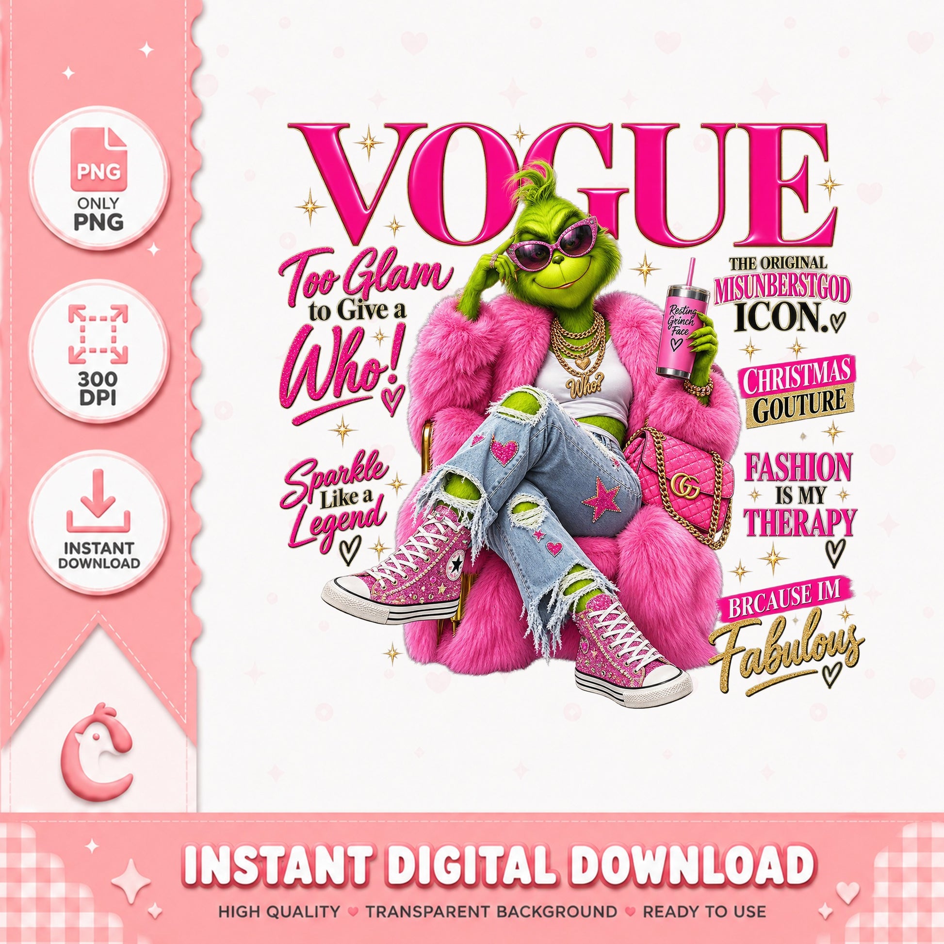 Grinch Vogue Magazine Christmas PNG, Fashion Grinch, Sublimation PNG