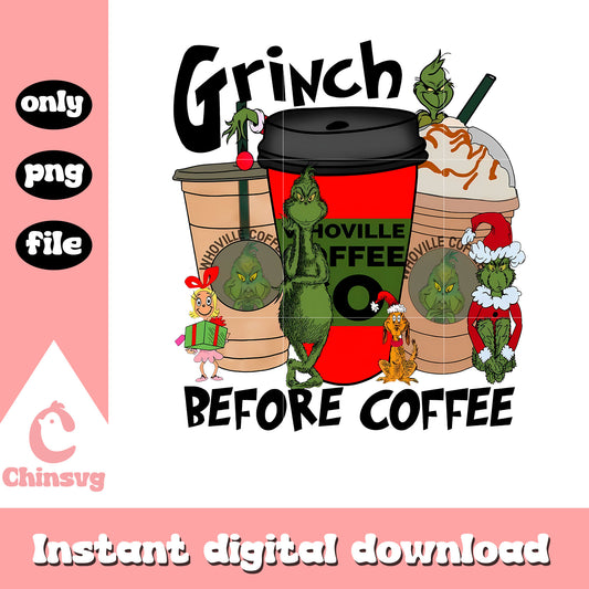 Grinch before coffee christmas png, grinch with coffee cup​ png