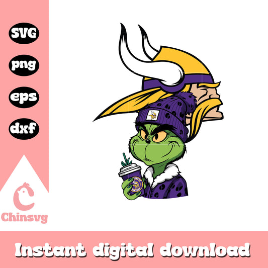 Grinch coffee with minnesota vikings logo svg, minnesota vikings logo svg