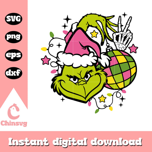 Grinch face with hand holding ornament pink svg, the grinch hands​ svg