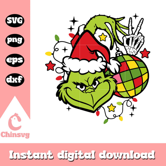Grinch face with hand holding ornament svg, grinch hand svg​