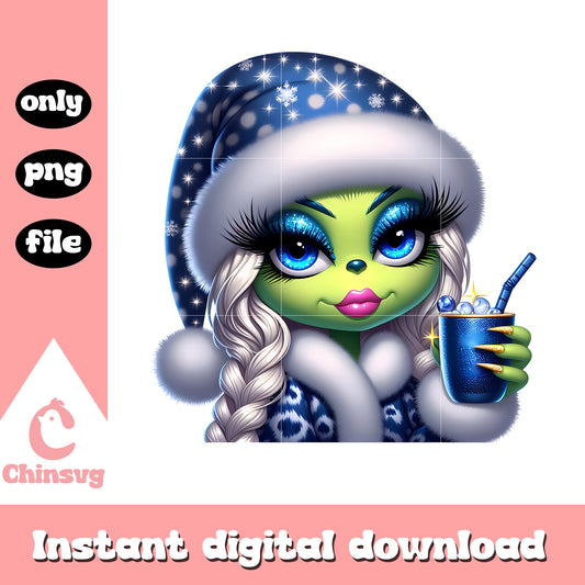 Grinch girl blue drinking design png, grinch christmas santa hat​ png