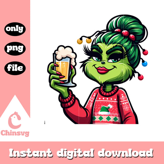 Grinch girl drink beer christmas design png, drink grinch​ png