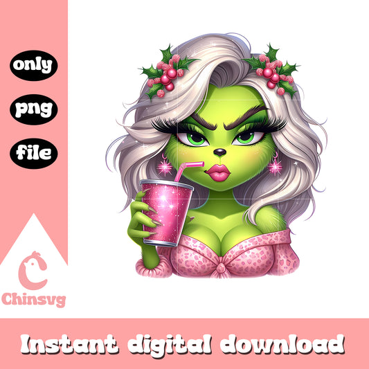 Grinch girl leopard christmas pink png, drink grinch​ png
