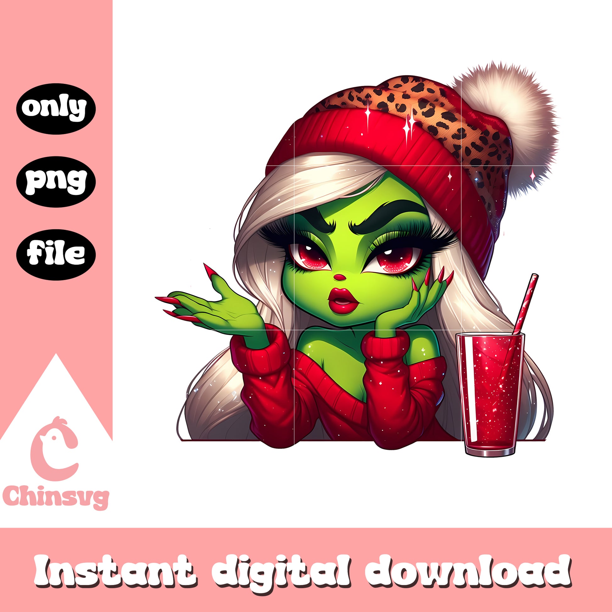 Grinch girl red drinking png, merry christmas grinch clipart​