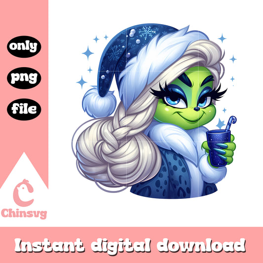 Grinch girl santa blue design png, grinch in santa hat​ png