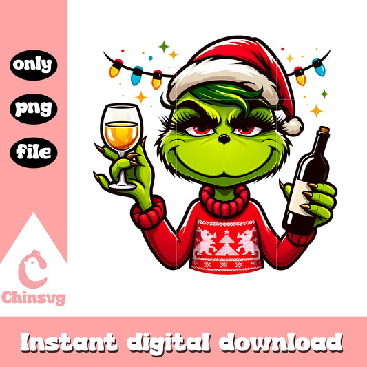Grinch girl santa hat with wine design png, christmas lights png