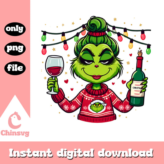 Grinch girl with wine christmas design png, grinch wine glass png