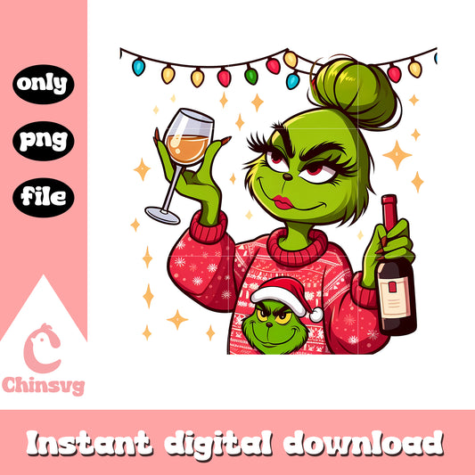 Grinch girl with wine design png, grinch wine glass​ png