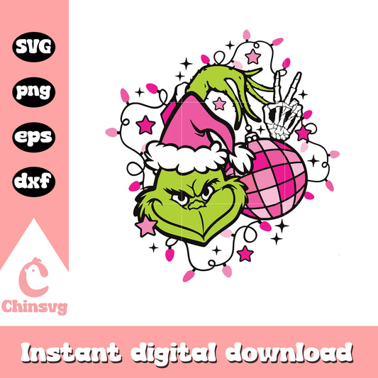 Grinch hand holding ornament pink svg, cartoon grinch face​ svg
