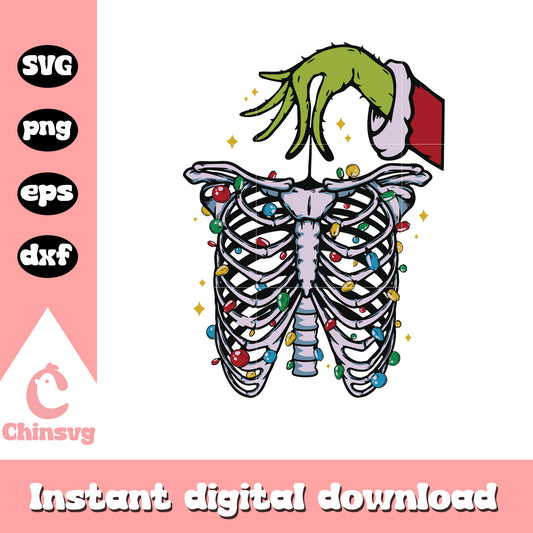 Grinch hand holding skeleton christmas svg, cartoon grinch hand​ svg