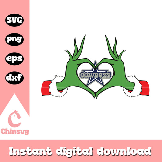 Grinch hands heart logo cowboys design svg, merry christmas dallas cowboys​ svg