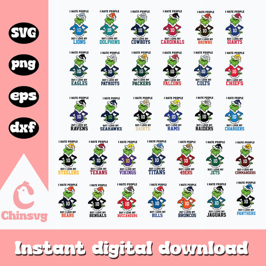 Grinch i hate people nfl teams bundle svg, 32 nfl teams​ svg