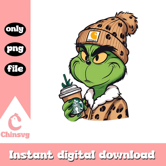 Grinch leopard coffee christmas png, grinch starbucks cup png