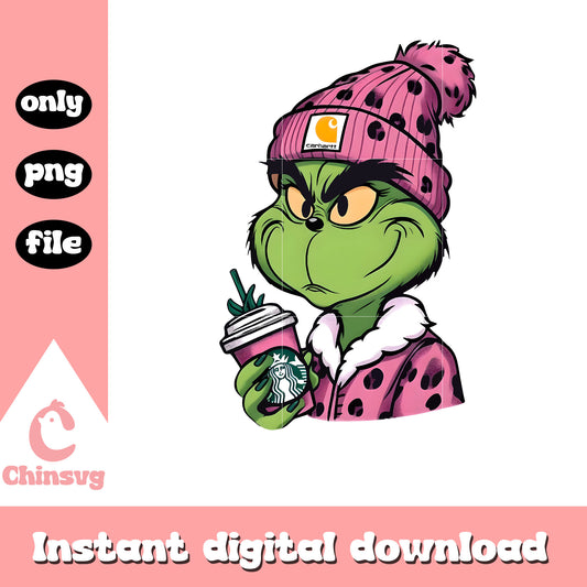 Grinch leopard pink christmas design png, grinch with coffee cup​ png