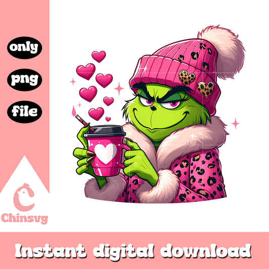 Grinch pink leopard love coffee design png, grinch coffee png​