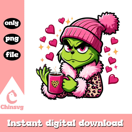 Grinch pink leopard love coffee png, grinch with coffee​ png