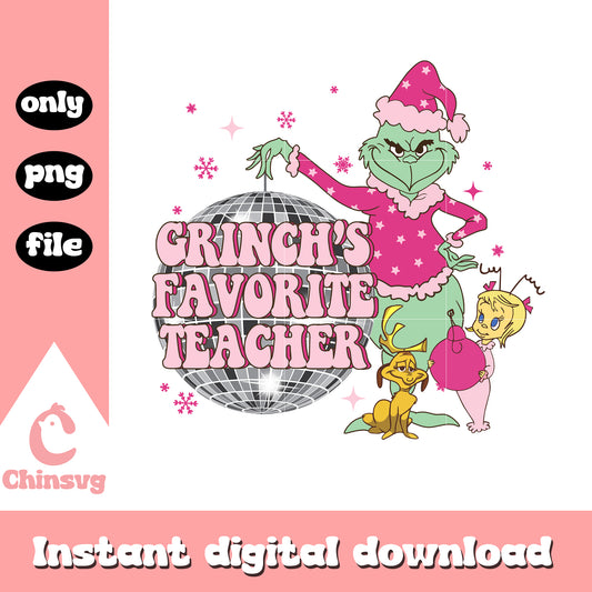 Grinch’s favorite teacher christmas design png, pink grinch​ png