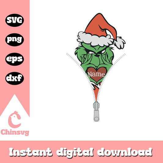 Grinch zipper name christmas svg, grinch santa hat​ svg